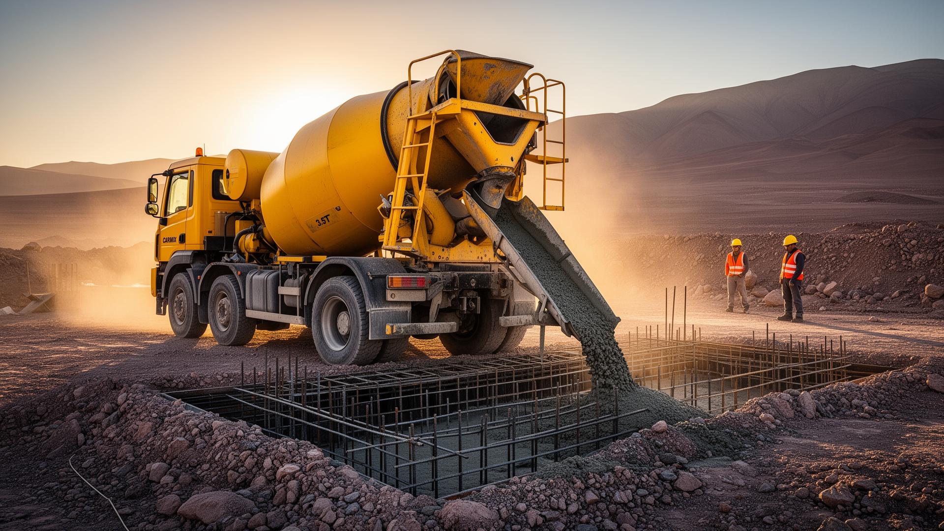 Carmix 3.5TT operando en obra y vertiendo hormigón en fundaciones